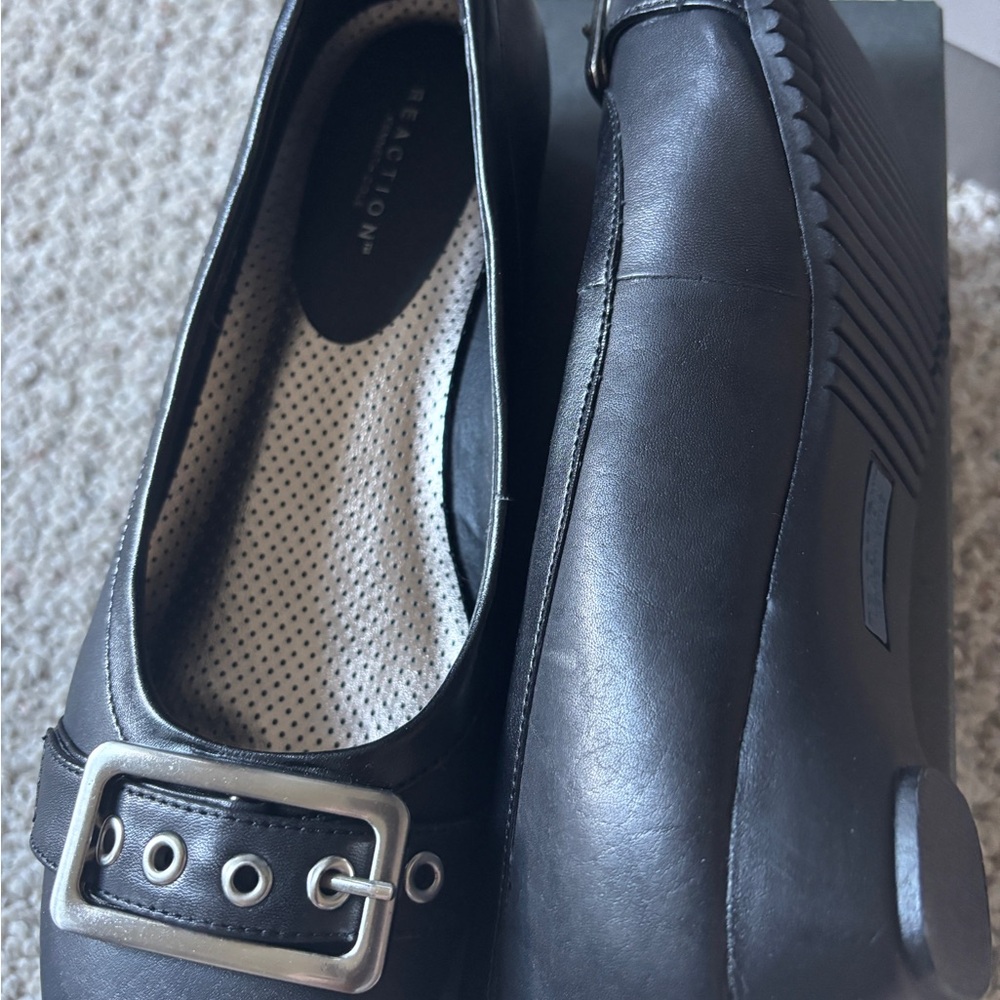 Kenneth Cole Reaction Black Slip-On Loafers with Silver Buckle